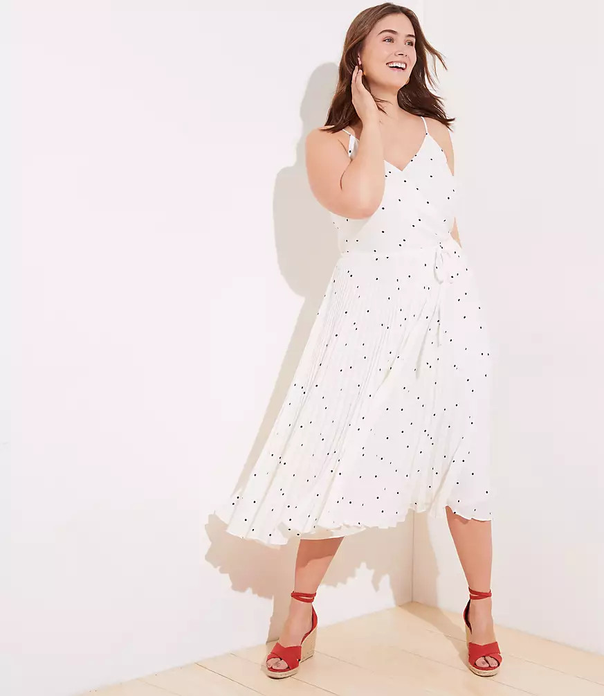 LOFT Plus Dotted Pleated Wrap Midi Dress | LOFT