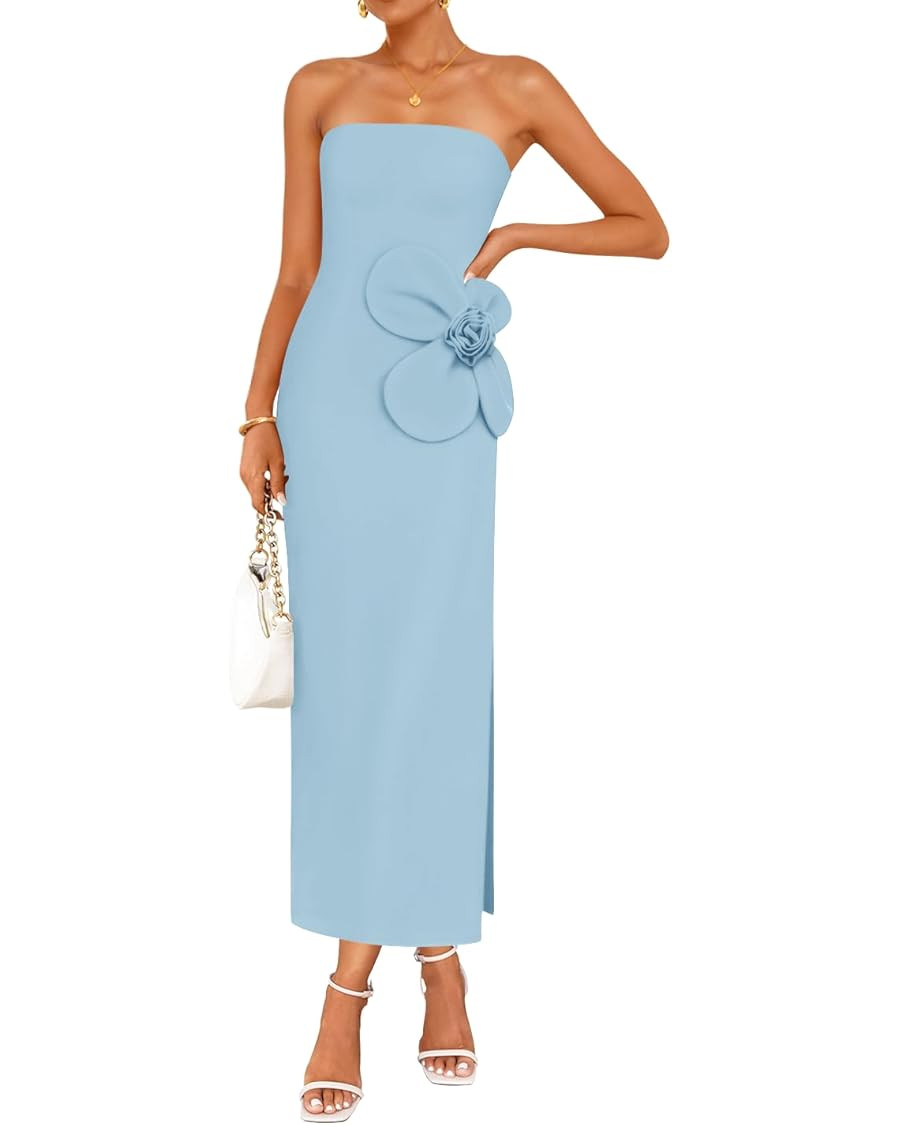 ZESICA Women's Summer Strapless Bodycon Maxi Dress 2025 Ribbed Knit Backless Floral Tube Cocktail... | Amazon (US)