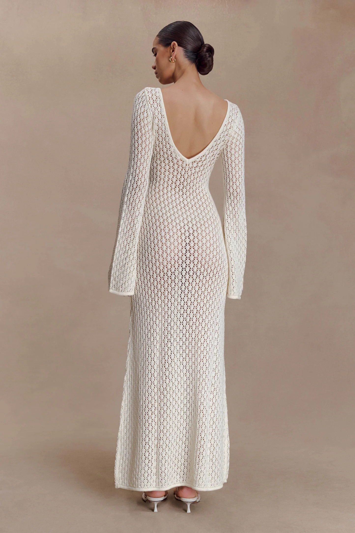 Crochet Fishtail Flare Sleeve Maxi Dress - White | MESHKI US