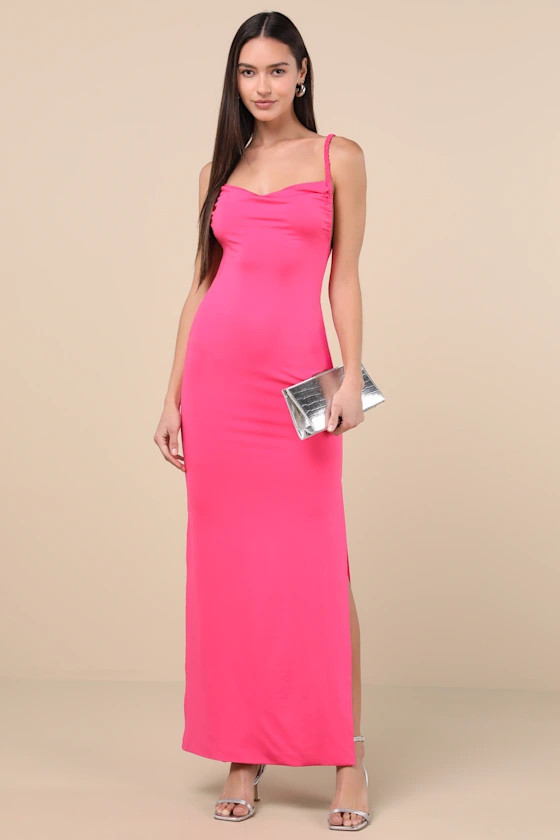 Dynasty Hot Pink Slinky Knit Backless Maxi Dress | Lulus