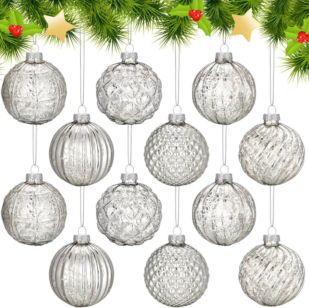 Jenaai 12 Pcs 2.36 Inch Silver Glass Christmas Ball Ornaments Vintage Christmas Tree Decorations ... | Amazon (US)