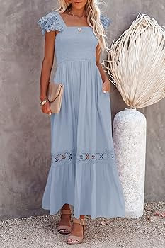 Ferlema Womens Summer Boho Lace Strap Sleeveless Square Neck Ruffle A Line Flowy Beach Long Maxi ... | Amazon (US)