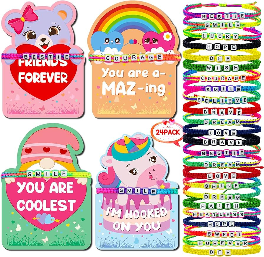 24Pack Kids Valentines Day Cards, Valentine Cards with Bead Bracelets, Valentines Day Gifts for K... | Amazon (US)
