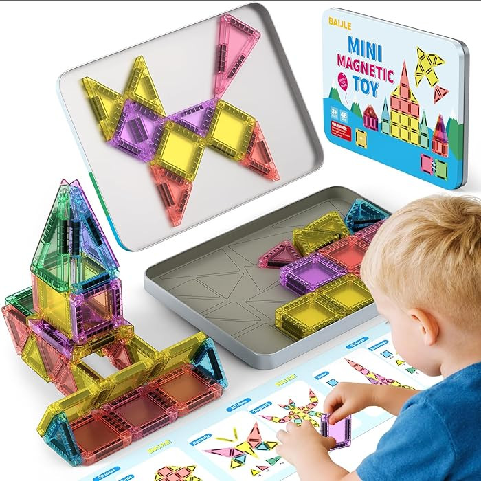 BAIJLE 46PCS Mini Magnetic Tiles, for Kids, Portable Magnetic Toys Travel Set with Iron Case for ... | Amazon (US)
