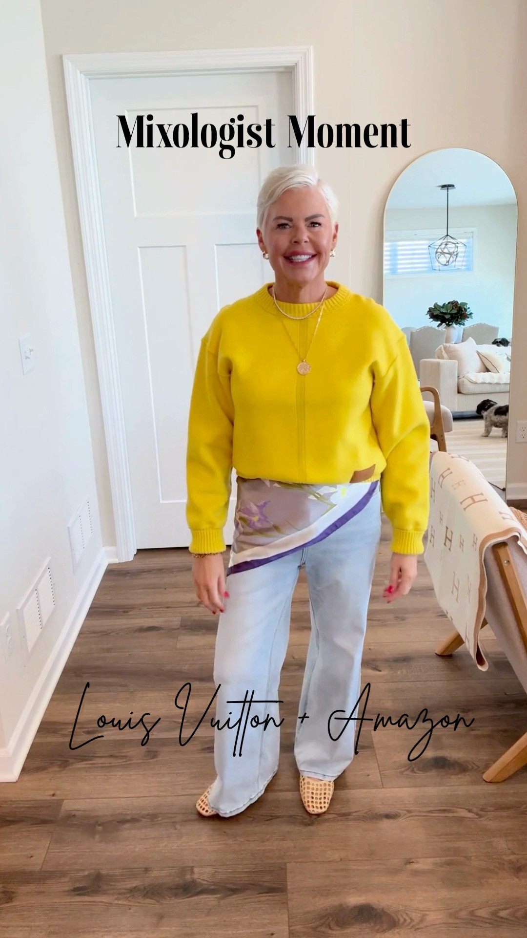 High-Low OOTD. Louis Vuitton sweater with some of my favorite Amazon finds: light blue wide leg denim (size small), neutral woven flats, iris floral scarf and jewelry. 

 #LTKootd #LTKmomlife #LTKOver40