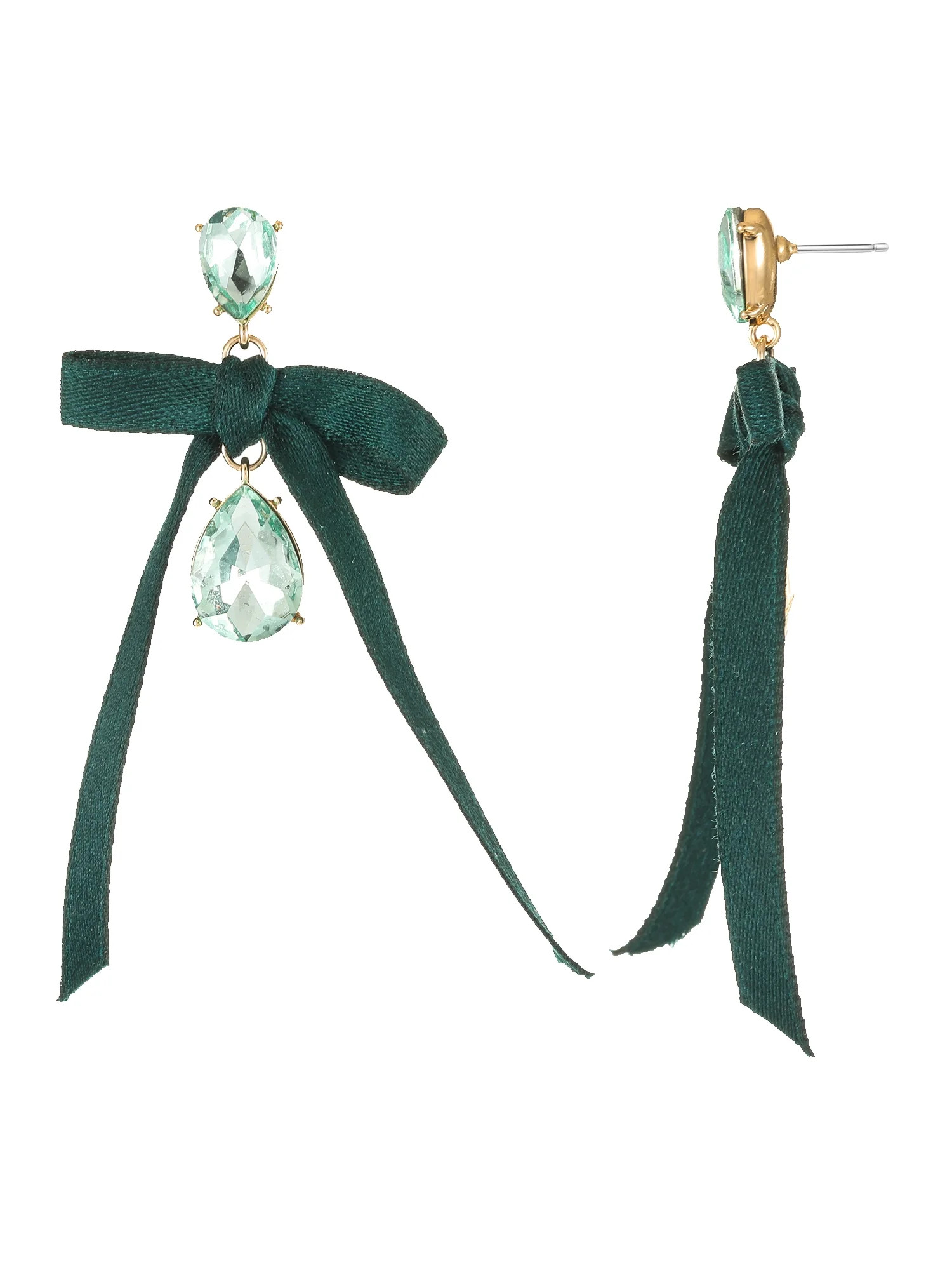 Time and Tru Goldtone, Crystal and Green Bow Earring, 1 Pair | Walmart (US)