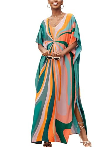 IMAGEKOPE Moroccan Print V-Neck Batwing Kaftan Women's Plus Size Loose Fit Beach Dress Bathing Suit Cover Up Loungewear | Amazon (US)