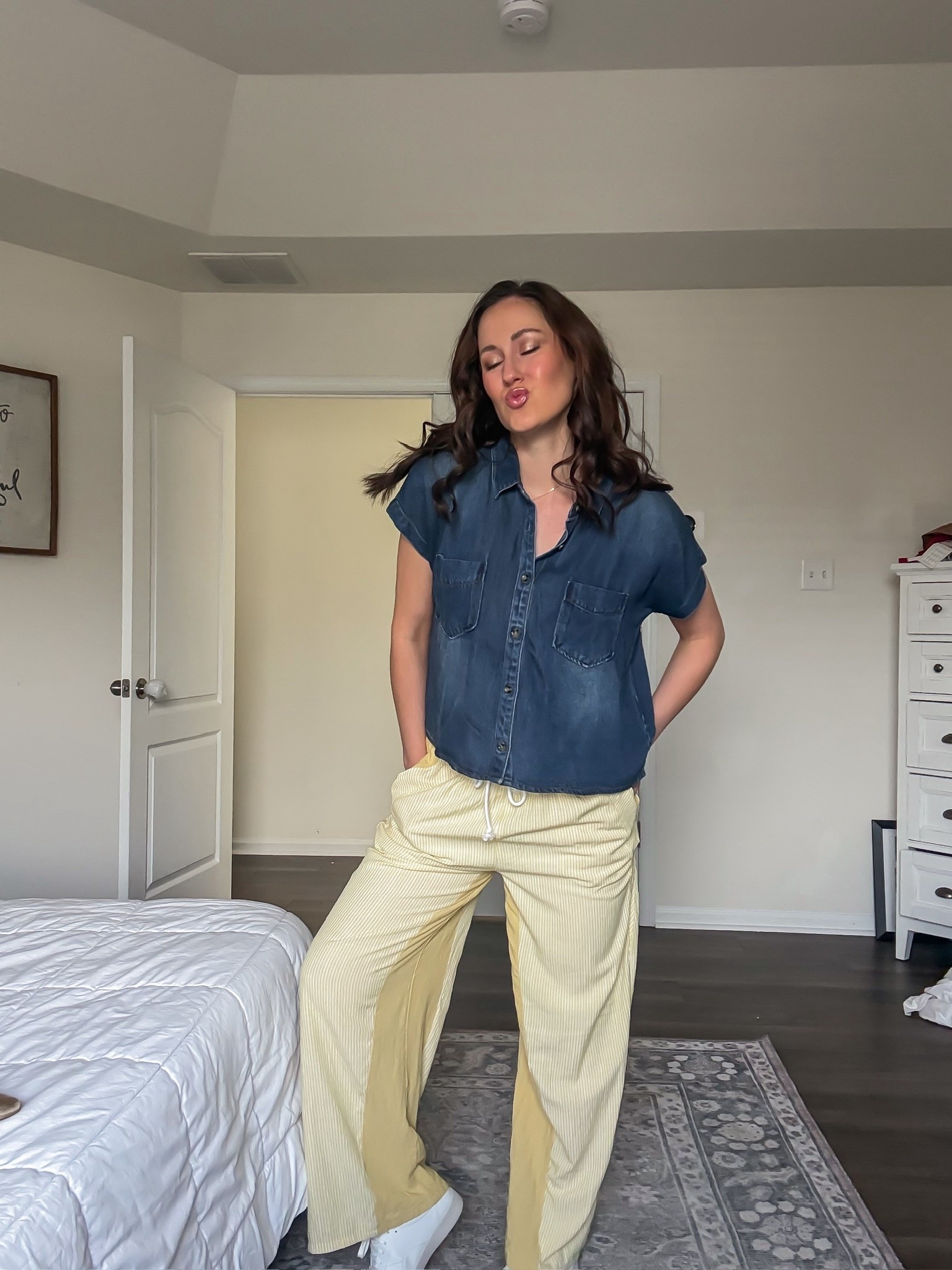 Perfect postpartum outfit with denim button down + yellow striped drawstring pants 

#LTKmomlife #LTKdayinmylife