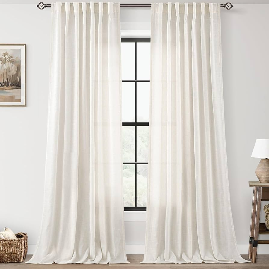 Natural Semi Sheer Linen Curtain 90 inch Length 2 Panels Set Back Tab Light Filtering Living Room... | Amazon (US)