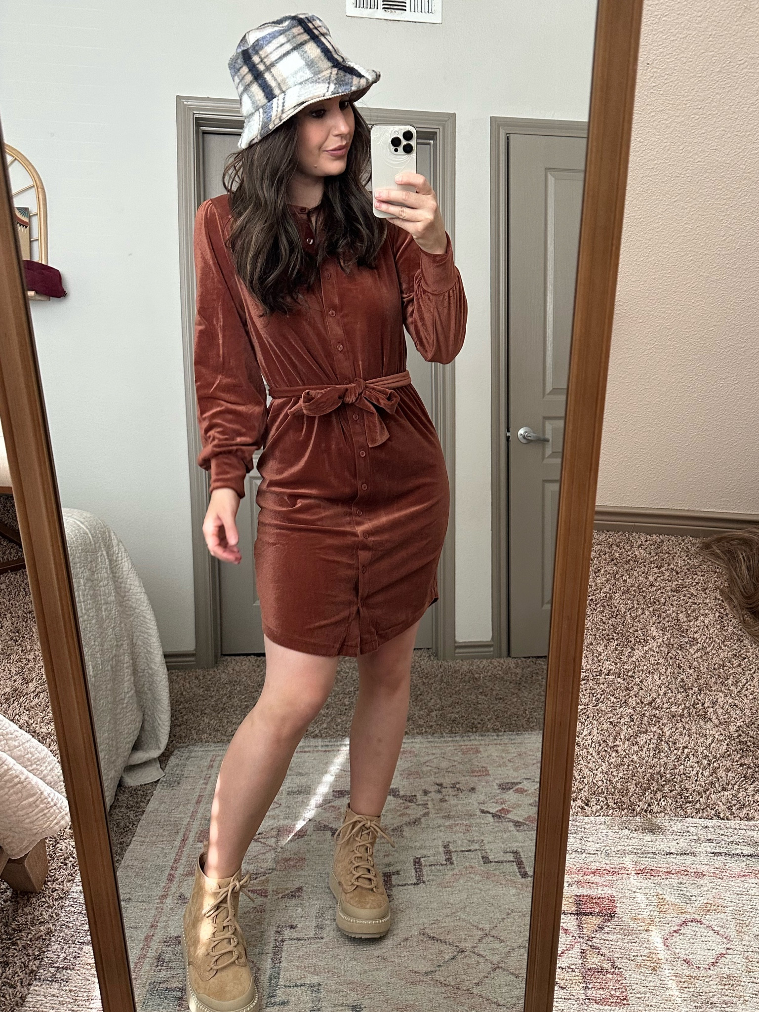 Such a fun dress!! Color is perfect for fall! The bucket hat is reversible and has a light tan color on the other side. I'm obsessed with these shoes. They're kind of like a sneaker combined with a platform boot.. true to size or go 1/2 down. 

#LTKstyletip #LTKfindsunder100 #LTKfindsunder50
