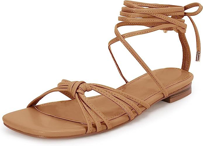 PiePieBuy Womens Lace up Square Toes Flat Sandals with Ankle Strap Summer Criss-Cross Gladiator S... | Amazon (US)