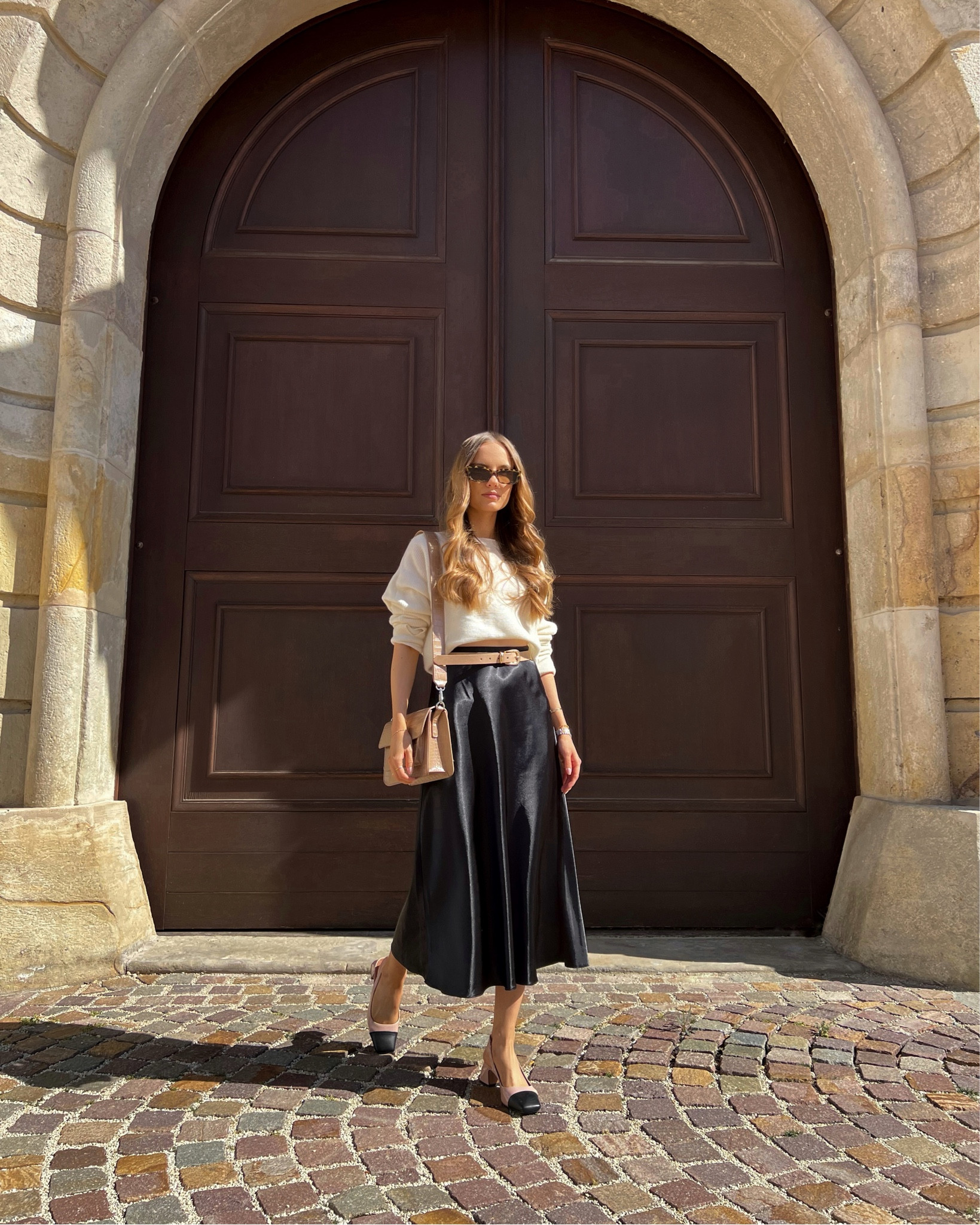 spring outfit inspo with a slip skirt, cream cashmere knit and sling back block heels 🌞

#LTKeurope #LTKstyletip