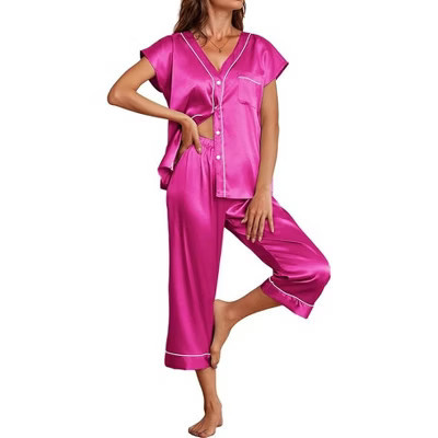 Ekouaer Satin Pajama Set Womens Short Sleeve V Neck Silky Shirt with Capri Pant Button Down PJs Soft Satin Loungewear Hot Red S | Target