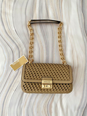 NEW! Michael Kors Tribeca Small Hand-Woven Leather Shoulder Bag Camel $398 | eBay US