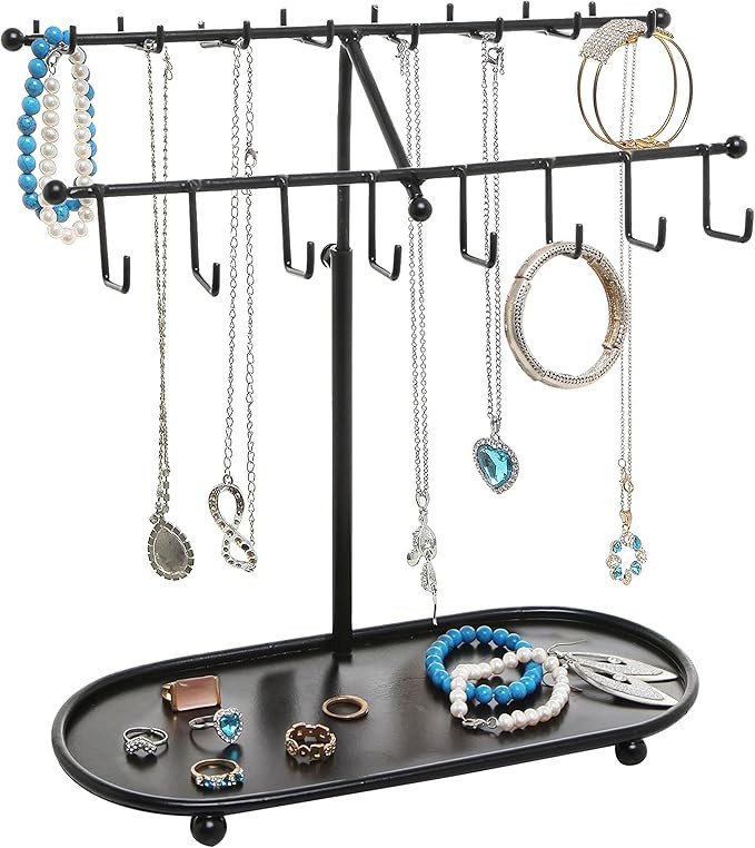 MyGift 2-Tier Black Metal Jewelry Organizer Stand, Necklace Holder Stand with 24 Hooks, Ring Tray... | Amazon (US)
