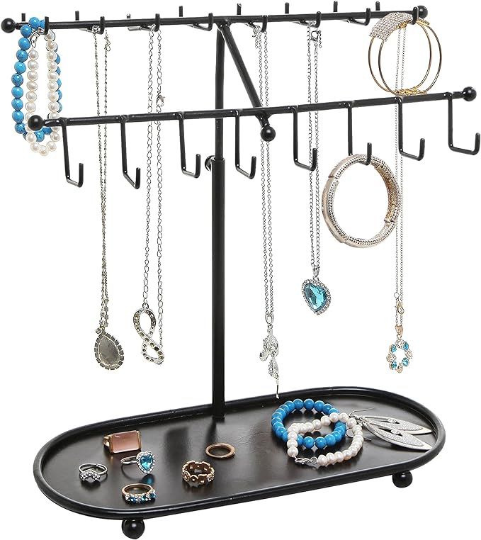 MyGift 2-Tier Black Metal Jewelry Organizer Stand, Necklace Holder Stand with 24 Hooks, Ring Tray... | Amazon (US)