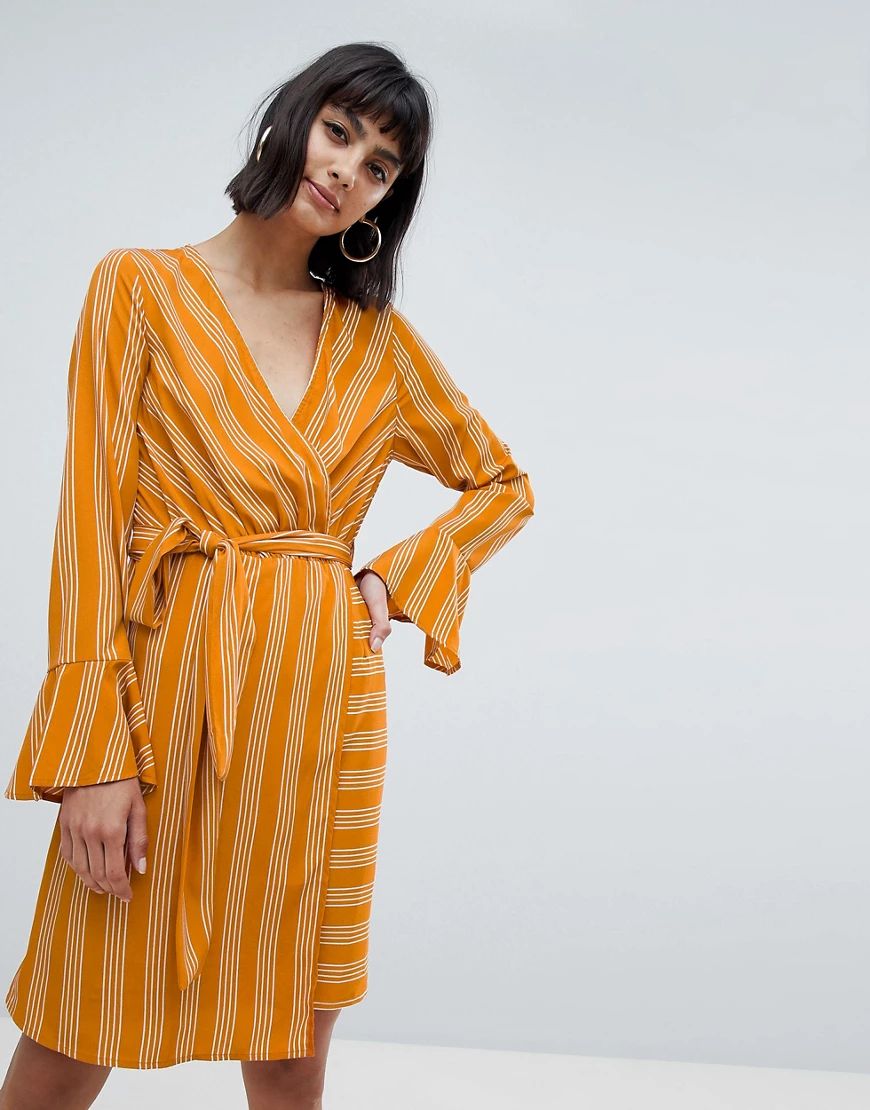 Vero Moda stripe tie wrap midi dress in yellow | ASOS (Global)