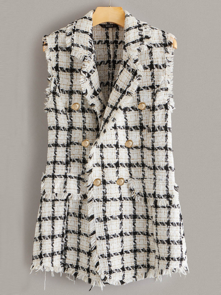 SHEIN Notch Collar Frayed Edge Tweed Vest Blazer | SHEIN