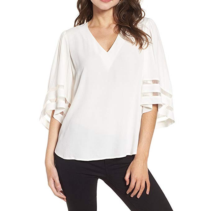 Shy Velvet Women's V Neck 3/4 Bell Sleeve Chiffon Blouse Mesh Panel Loose Top Shirts | Amazon (US)