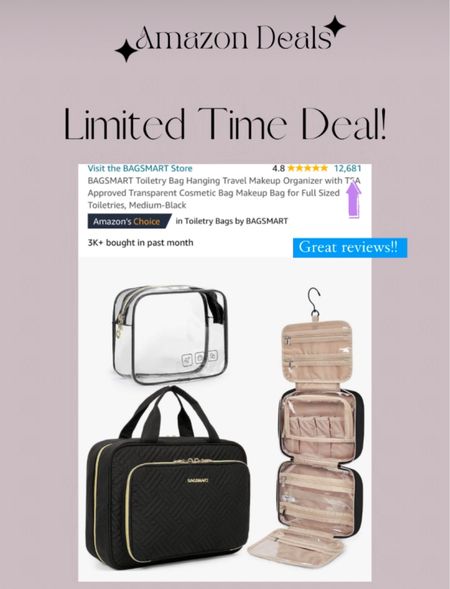 Amazon deal / BAGSMART Toiletry Bag Hanging Travel Makeup Organizer with TSA Approved Transparent Cosmetic Bag Makeup Bag for Full Sized Toiletries, Medium-Black / travel accessories / vacation bag / travel bag 

#LTKsalealert #LTKitbag #LTKtravel