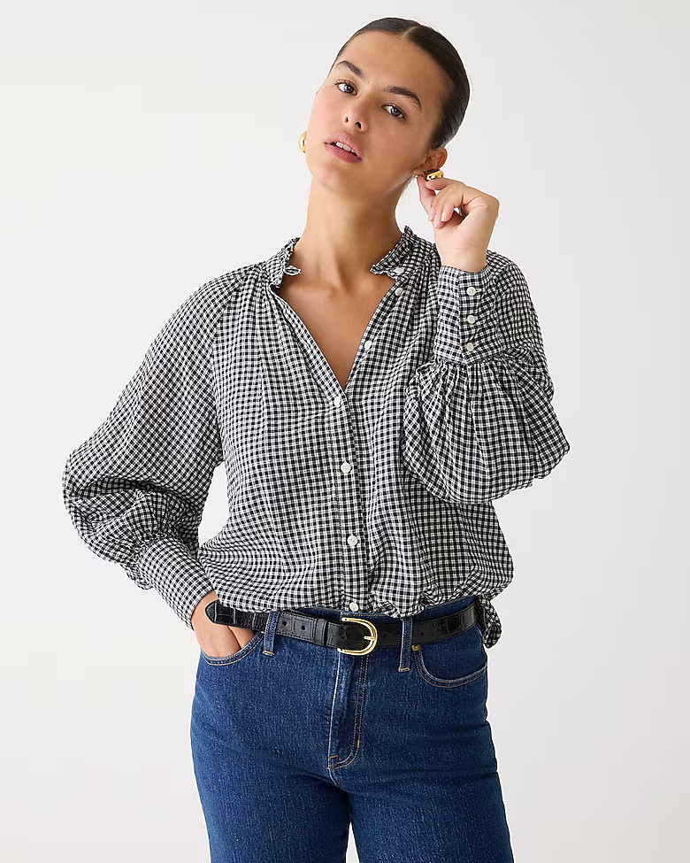 Ruffleneck button-up shirt in plaid soft gauze | J. Crew US