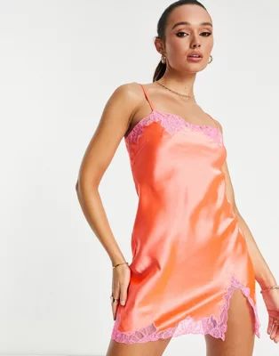 ASOS DESIGN lace insert mini satin slip dress in orange | ASOS (Global)
