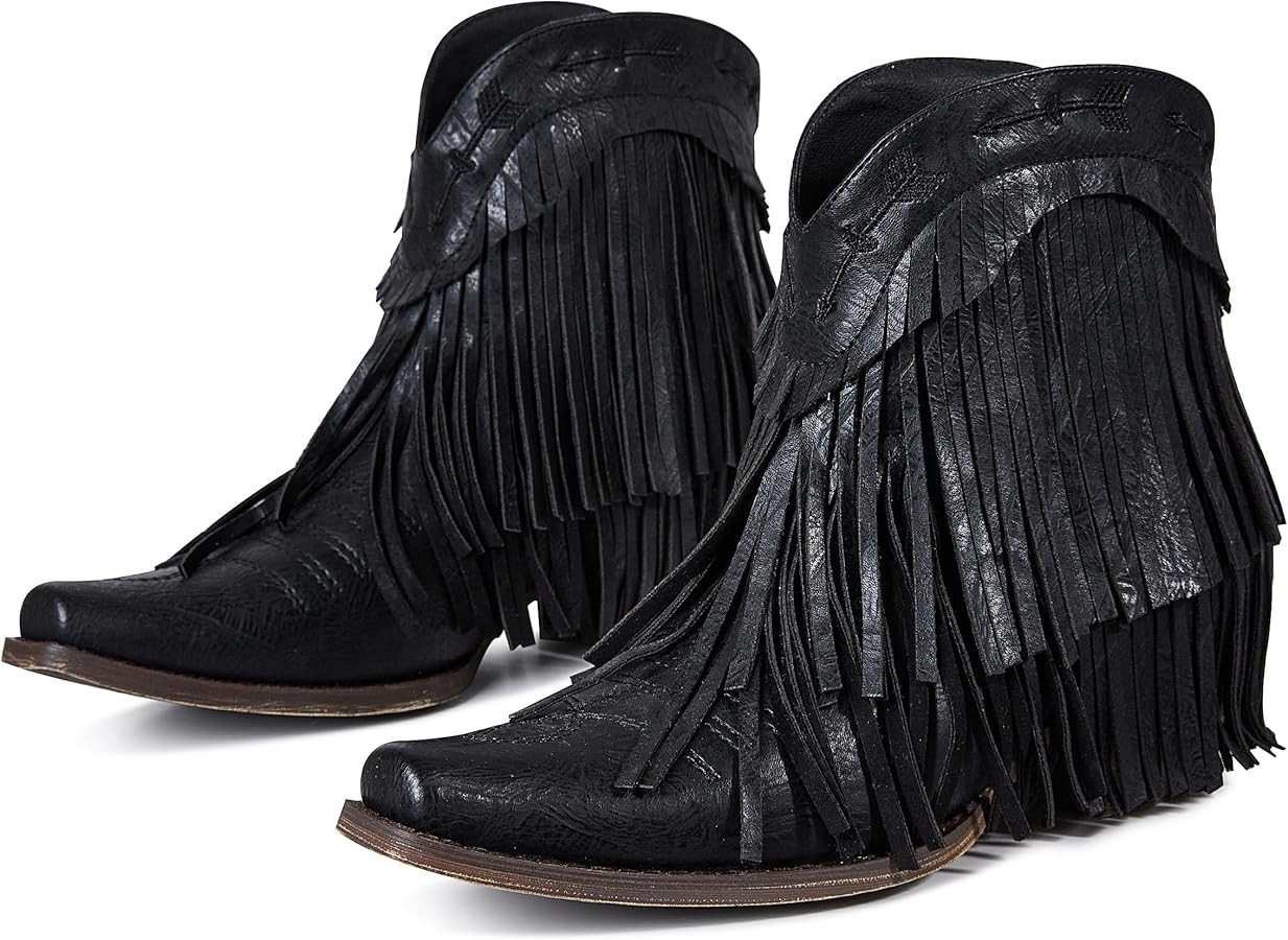 MeiLuSi Women's Fringe Western Cowboy Boots Ankle Boots Cowgirl Boots Tassel Boots Pull on | Amazon (US)
