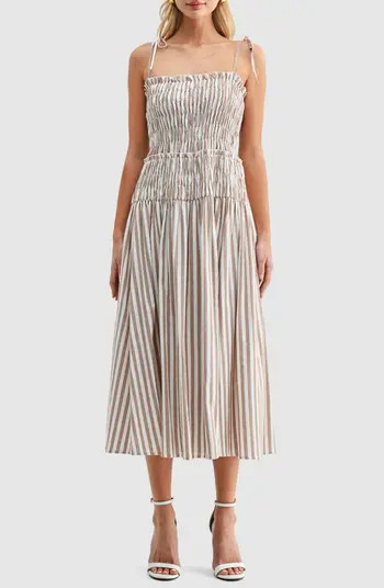 All in Favor Stripe Tie Strap Smocked Cotton Midi Sundress | Nordstrom | Nordstrom