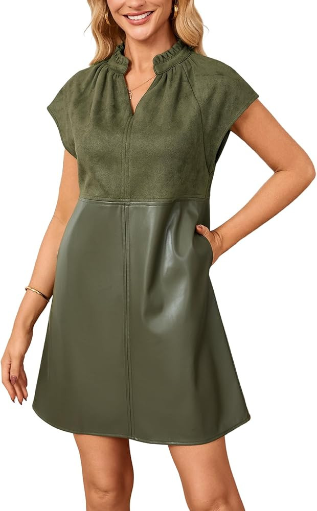 Women’s Faux Suede Mini Dress 2025 Fall Cap Sleeve V-Neck Faux Leather Dress | Amazon (US)