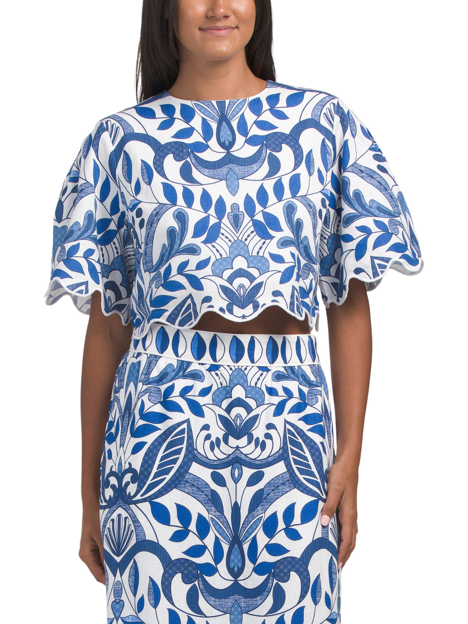Linen Blend Printed Short Sleeve Scalloped Hem Top | TJ Maxx