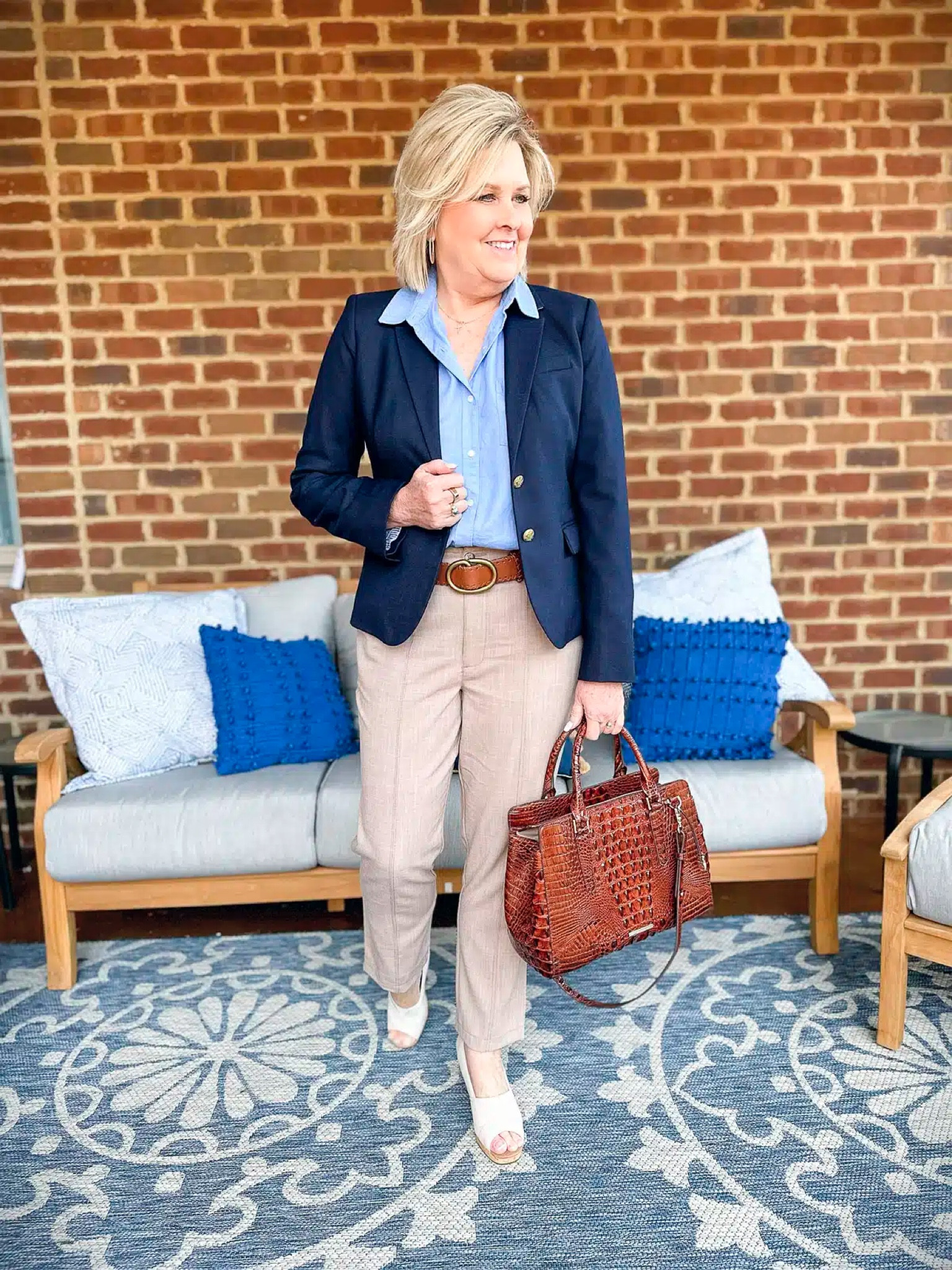 Women’s Business Casual Outfit | Navy Blazer | Brahmin Handbag | Toms Wedge Sandals | Work Wear | Teacher Outfits 

#LTKworkwear #LTKFind #LTKstyletip