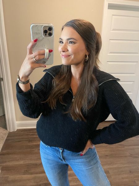 ootd // outfit of the day // simple outfits // basic outfits // black pullover with zipper // loop phone case // postpartum outfit // postpartum style 

#LTKfindsunder50 #LTKbaby #LTKbump