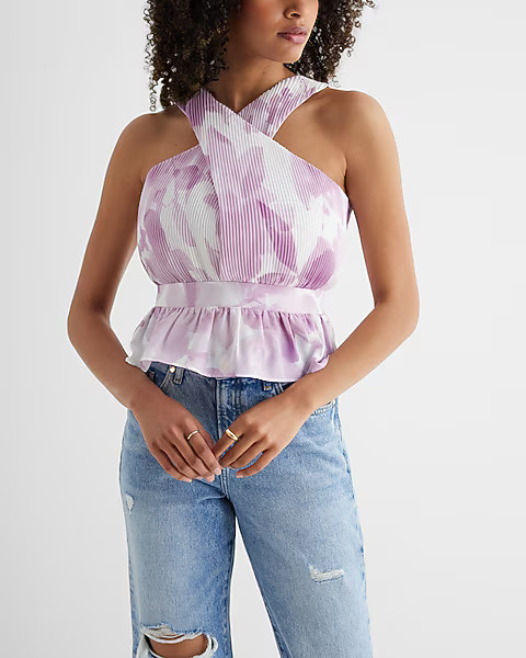 Floral Twist Halter Neck Pleated Peplum Tank | Express
