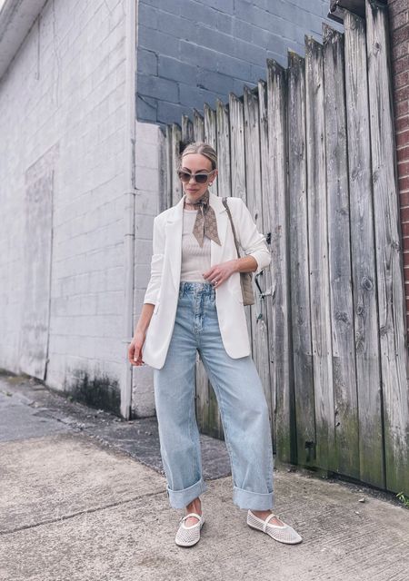 White blazer outfit, barrel jeans, mesh ballet shoes, ballerina flats, spring outfit, style over 40

#LTKOver40 #LTKShoeCrush #LTKSeasonal