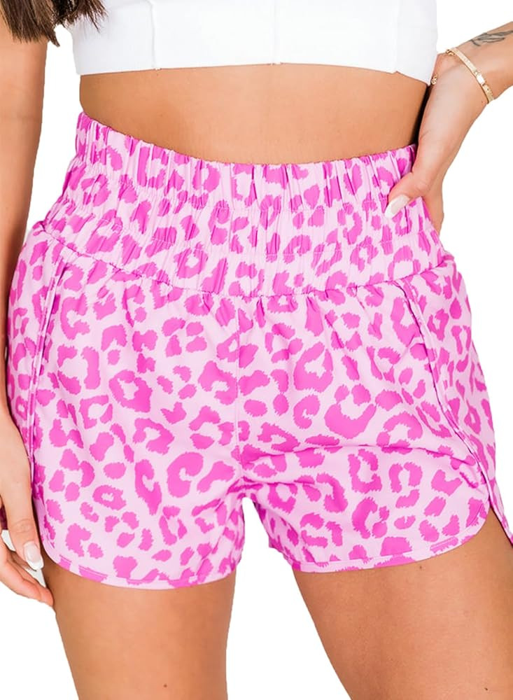 SELINK Shorts for Women Casual Pink Leopard High Waisted Athletic Shorts Shirred High Waist Daily | Amazon (US)