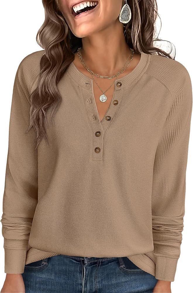 ANRABESS Women's Waffle Knit Henley Top Long Sleeve Shirts | Amazon (US)
