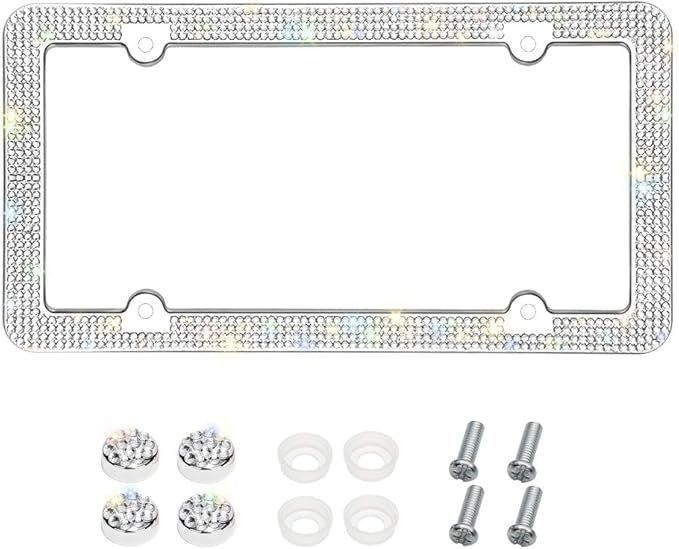 Otostar Bling License Plate Frame, Handcrafted 4 Rows Shiny Rhinestones Stainless Steel 4 Holes L... | Amazon (US)