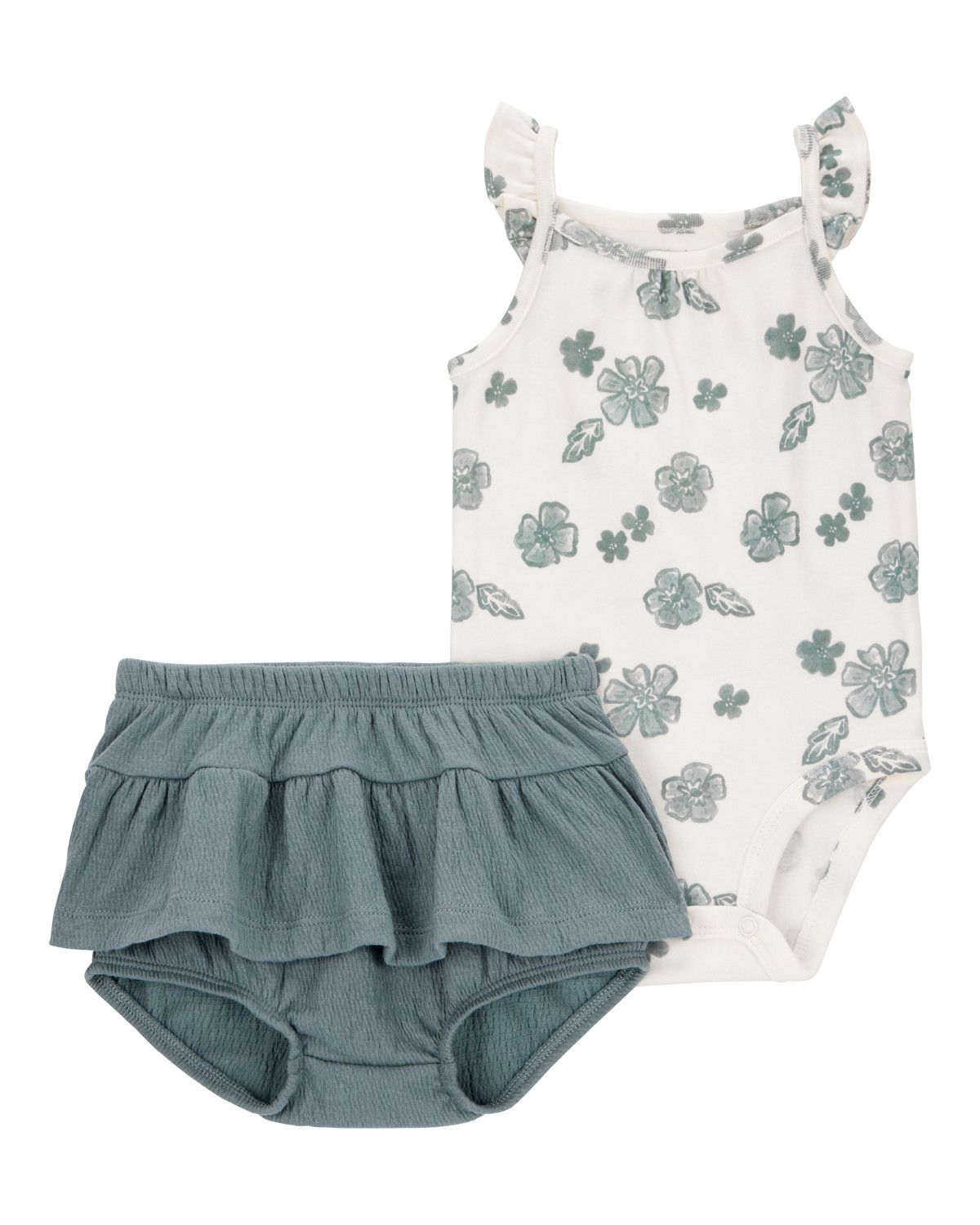 Baby 2-Piece Flutter-Sleeve Floral Bodysuit & Short Set - Ivory/Green | Carter's Inc