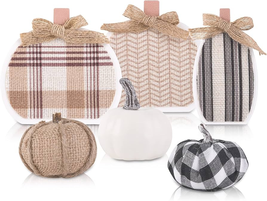 AllReal 6Pcs Fall Pumpkin Decorations Artificial Pumpkins Set Tiered Tray Decor White Burlap Chec... | Amazon (US)