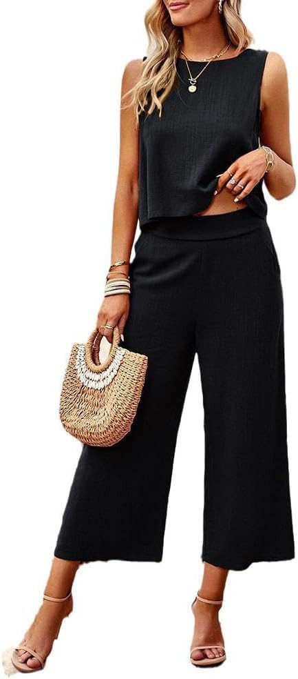 Two Piece Summer Outfits for Women Linen Pants Suits Casual Sleeveless Crop Top and Wide Leg Pant... | Amazon (US)