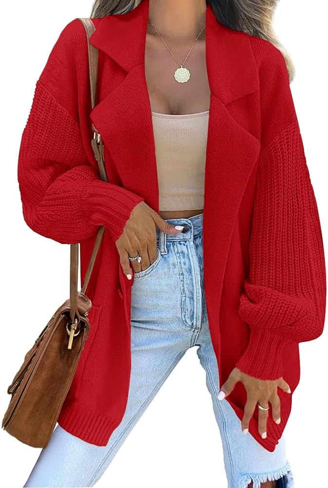 ZESICA Women's Long Sleeve Open Front Lapel Oversized Knit Cardigan Sweater Coat Outerwear with P... | Amazon (US)