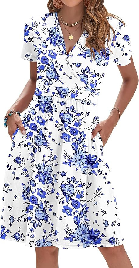 WNEEDU Women Summer Dress Short Sleeve Casual Dresses V Neck Wrap Waist Dress with Pockets | Amazon (CA)