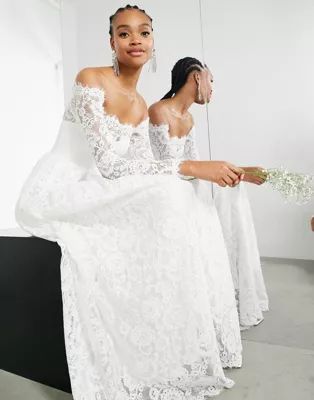 ASOS EDITION Hazel lace long sleeve off shoulder wedding dress | ASOS (Global)