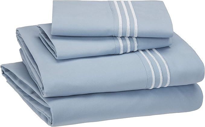 Amazon Basics Premium, Easy-Wash Embroidered Hotel Stitch 120 GSM Sheet Set - Full, Dusty Blue | Amazon (US)