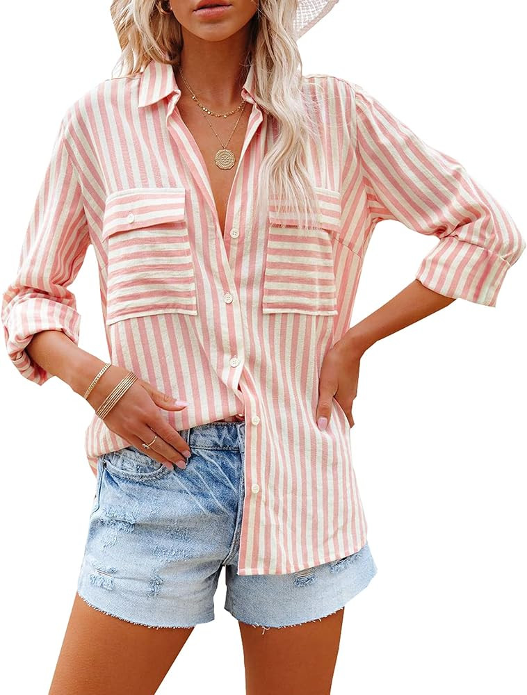 OMSJ Women's Striped Button Down Shirts Casual Long Sleeve Stylish V Neck Blouses Tops with Pocke... | Amazon (US)