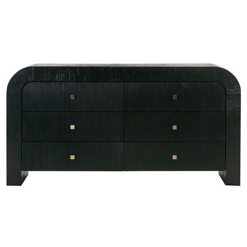 Henry Modern Classic Black Acacia Wood Gold Accent 6 Drawer Curved Double Dresser | Kathy Kuo Home