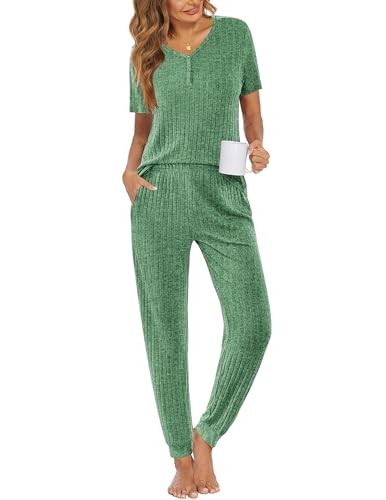 Ekouaer Pajamas for Women Set 2 Piece Rib Knit Lounge Set Joggers Loungewear Short Sleeve Pjs with Pockets Green | Amazon (US)