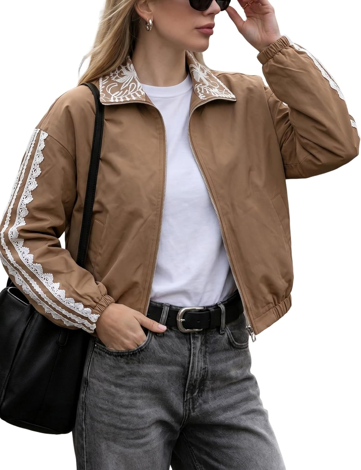 Faleave Women's Casual Jacket Lace Trim Zip Up Cropped Coat with Pockets | Amazon (US)