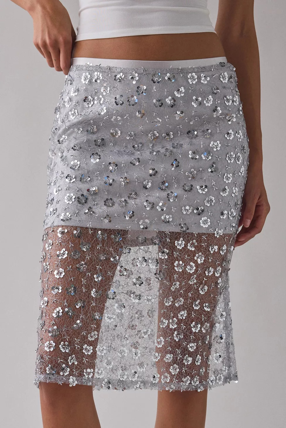 UO Crystal Semi-Sheer Sequin Midi Skirt | Urban Outfitters (US and RoW)