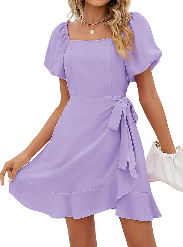 SAMPEEL Womens Square Neck Puff Sleeve Dresses Casual Summer Tie Waist Dress | Amazon (US)